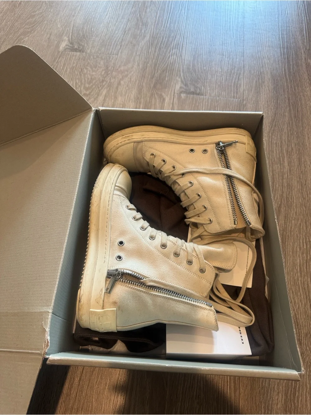 Rick Owens Beige/Tan High-Top Leather Sneakers with Side Zippers